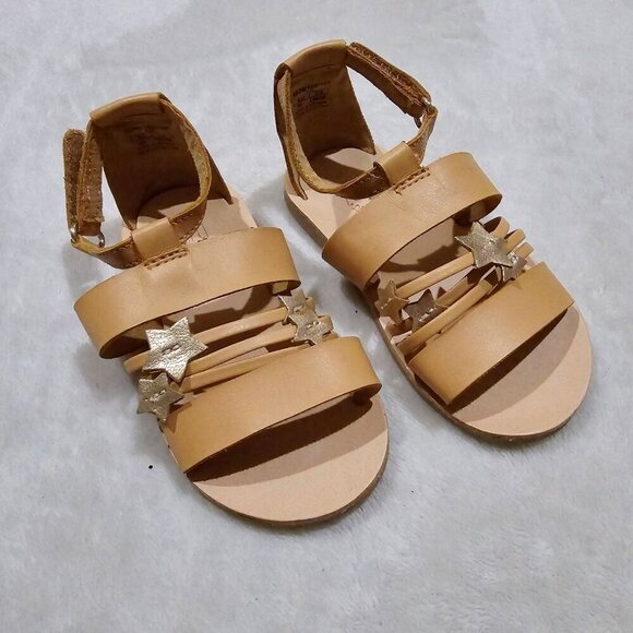 Zara ✦ Baby Toddler Sandals ✦ Gold Star Tan Faux Leather Velcro Sz 4½ Preloved - Picture 4 of 13